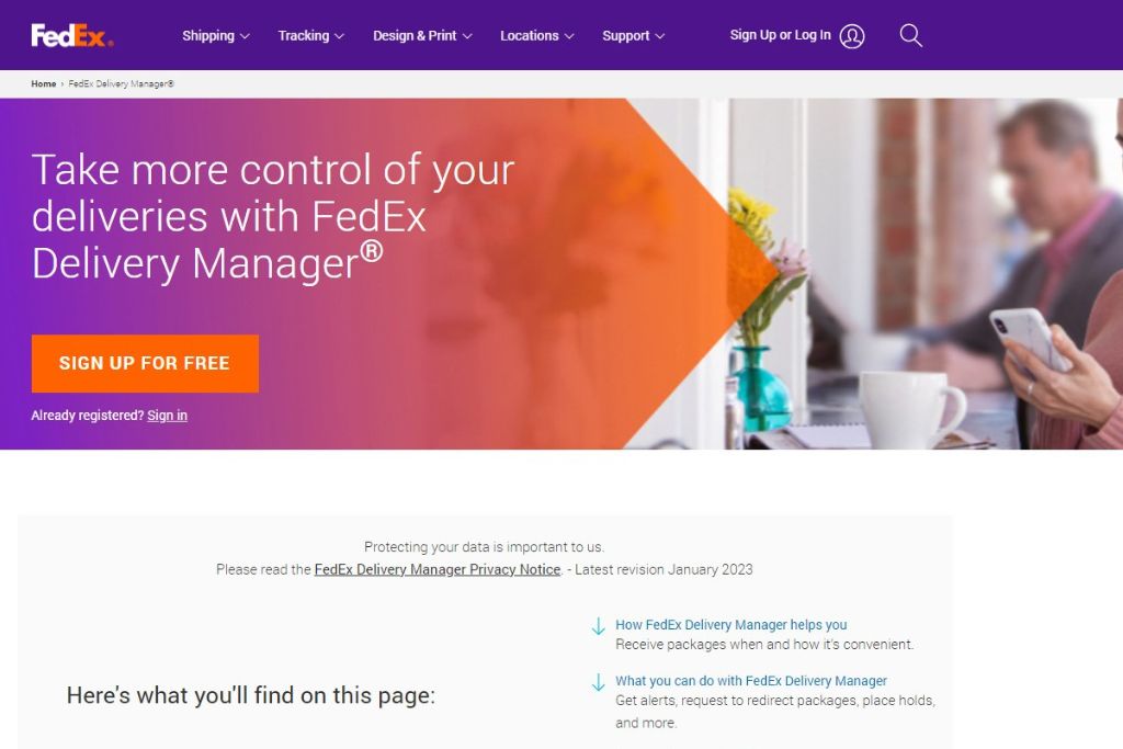 Fedex Delivery Manager website page screenshot