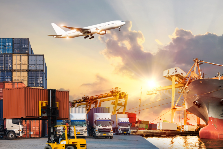 photo of a shipping dock filled with trucks and cargo, ship at sea, airplane in flight