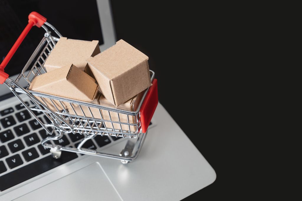 a shopping trolley with paper boxes
